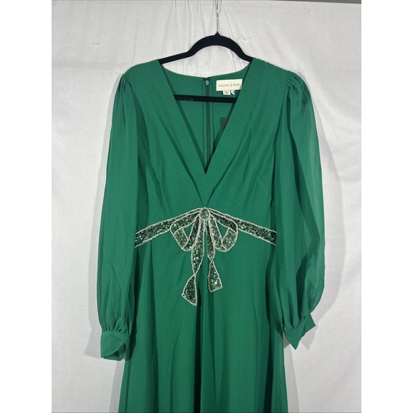 NWT $1095 Sachin & Babi [‎ 8 ] Ramsey Long Sleeve V Neck Bow Gown Green S1818 - Picture 9 of 16